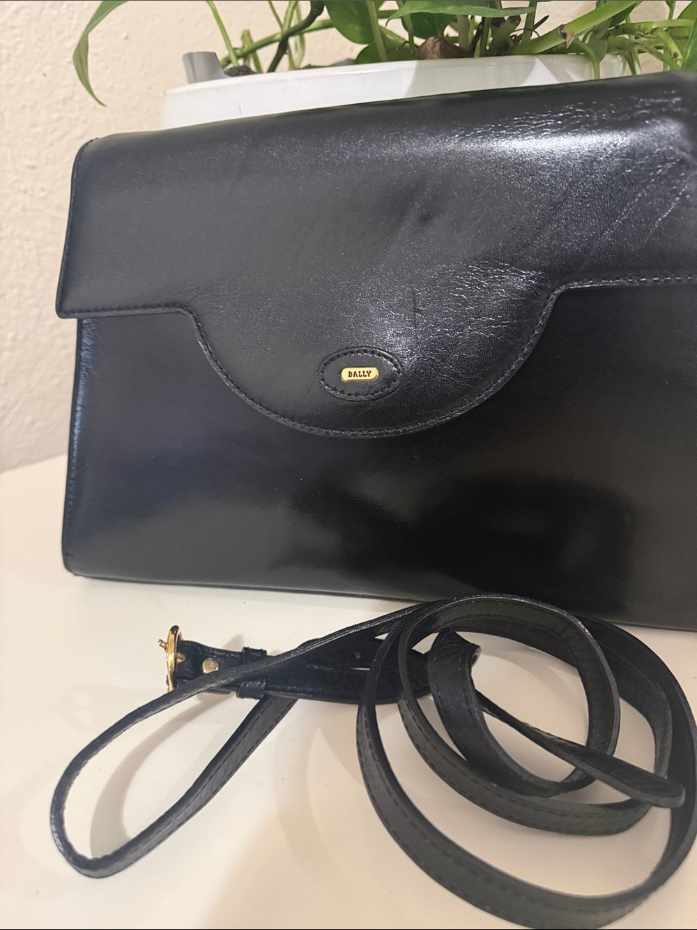 Bally Black Leather Shoulder Bag with Gold Logo Accent